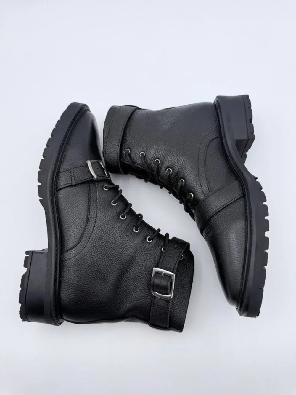asos Womens Astrid Chunky Black Leather Lace-Up Combat Boots  Buckle Strap Sz 9